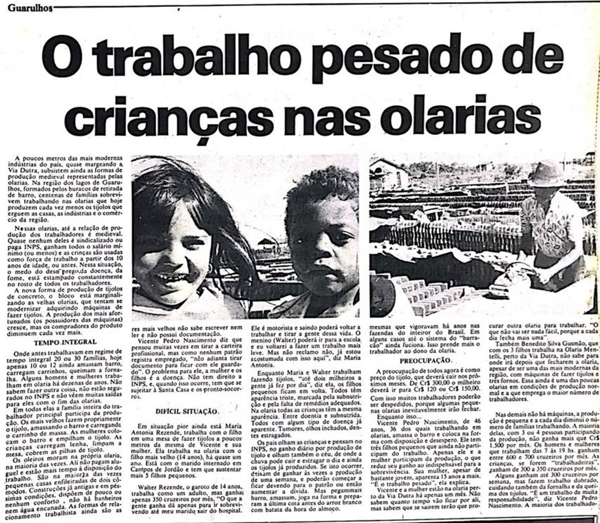 Folha Metropolitana comum materia sobre trabalho infantil em Guarulhos em 1976